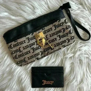 Juicy Couture Wristlet and Cardholder Set | Designer Logo Clutch Bag Gold Charm